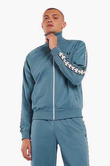 Grey Blue Fred Perry Taped Track Men's Jackets | PH 1256ILHS